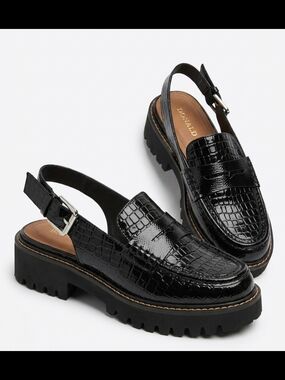Donald J. Pliner Black Croc Patent Slingback Lug Loafers Size:7.5